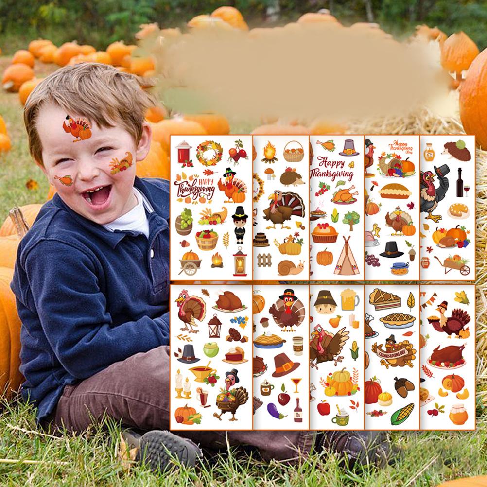 10 Pcs Tattoo Stickers Waterproof Face Stickers Maple Leaf Turkey Pumpkin Thanksgiving Stickers for Kids Party