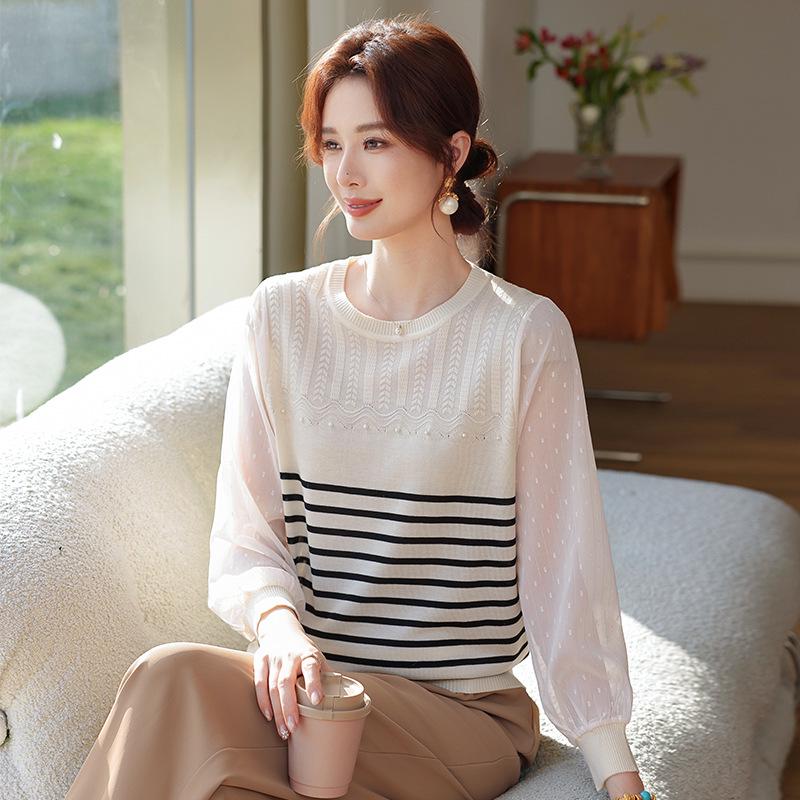 

Elegant Gauze Sleeve Striped Knit Sweater for Middle-Aged Women - Slimming Spring Top for Moms 2XL [For 105-120 lbs]