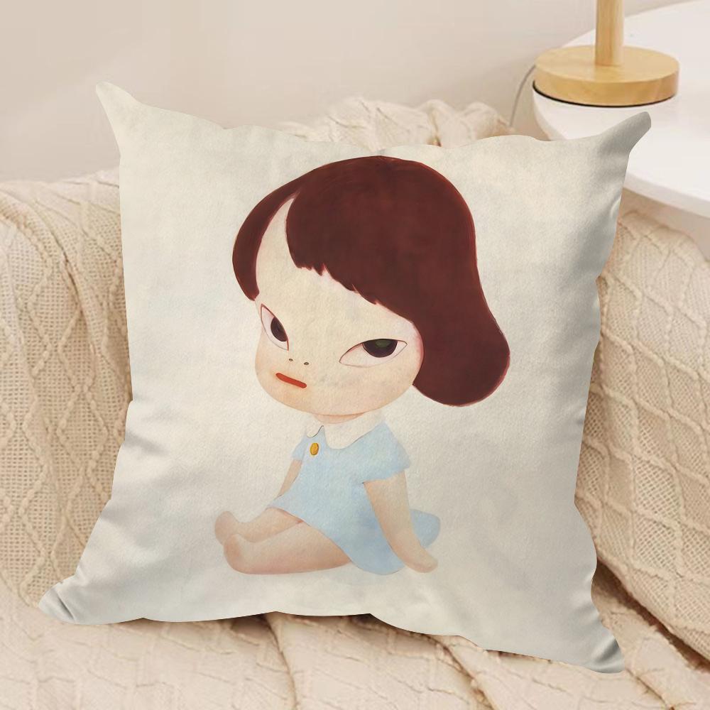 YYoshitomo Nara DDoll Cushion Cover Soft Plush Fabric DoubleSided Printed Sofa Cushion Cover for All Seasons Home Decor Gift