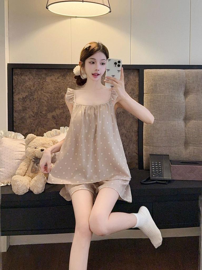 Summer new Tencel polka dot pajamas women's chest pad thin suspenders shorts set sweet wood lyocell girl home