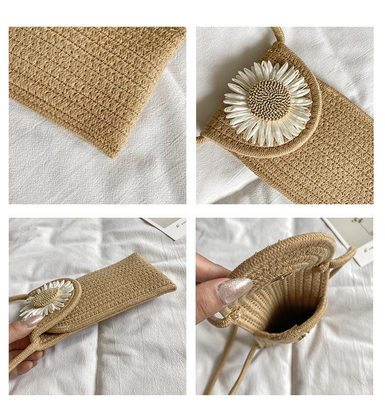 Damen Strandurlaub Umhängetasche: Gewebtes Baumwollseil Blumendesign für Handy & Münzen