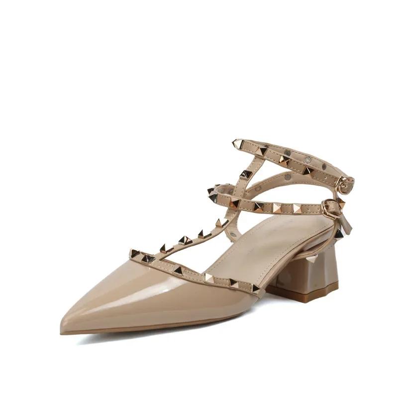 Women's Thick Heeled Sandals Summer New European and American Fashion Roman Pointed Rivet Sandals Women High Heels Buckle Strap