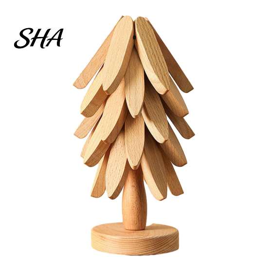 Natural Pine Wood Hot Pad Collapsible Wooden Trivets for Dishes, Christmas Tree Shaped Pot Mat Table, Heat Compact Storage Trivet Set Resistant Holder