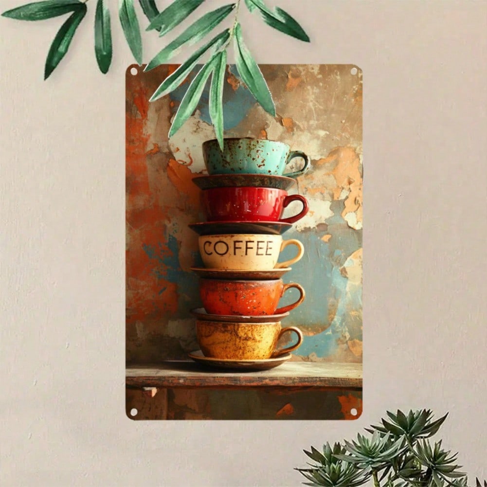 Vintage Carved Metal Coffee Cup Plaque Wall Art Decor Gift for Cafe Home