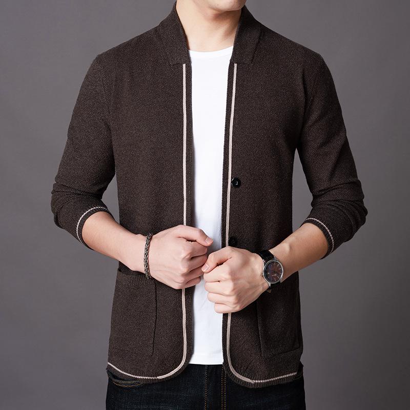 Men's Slim Fit Spring/Autumn Knit Cardigan with Pockets - Solid Color Korean Style Outerwear