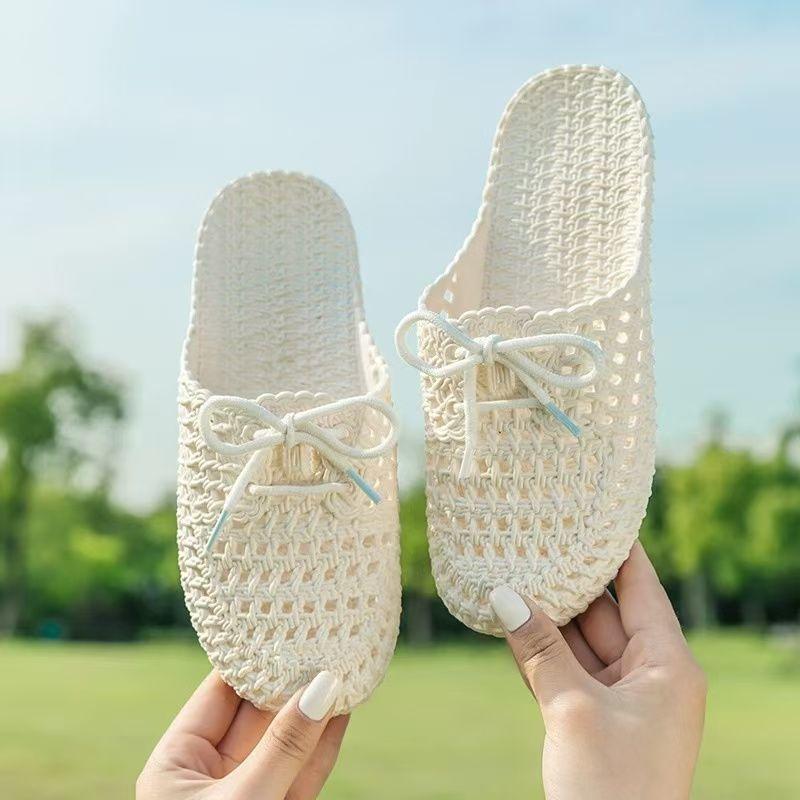 Damen Sandalen Sommer Hohl Zehenkappe Weibliche Flache Hausschuhe Outdoor Lässig Strand Einfarbig Atmungsaktiv Weich Damen Lochsandalen