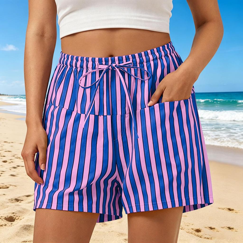 Women's Casual Striped Shorts with Elastic Waist and Drawstring Pockets Lightweight Comfortable Summer Bottoms