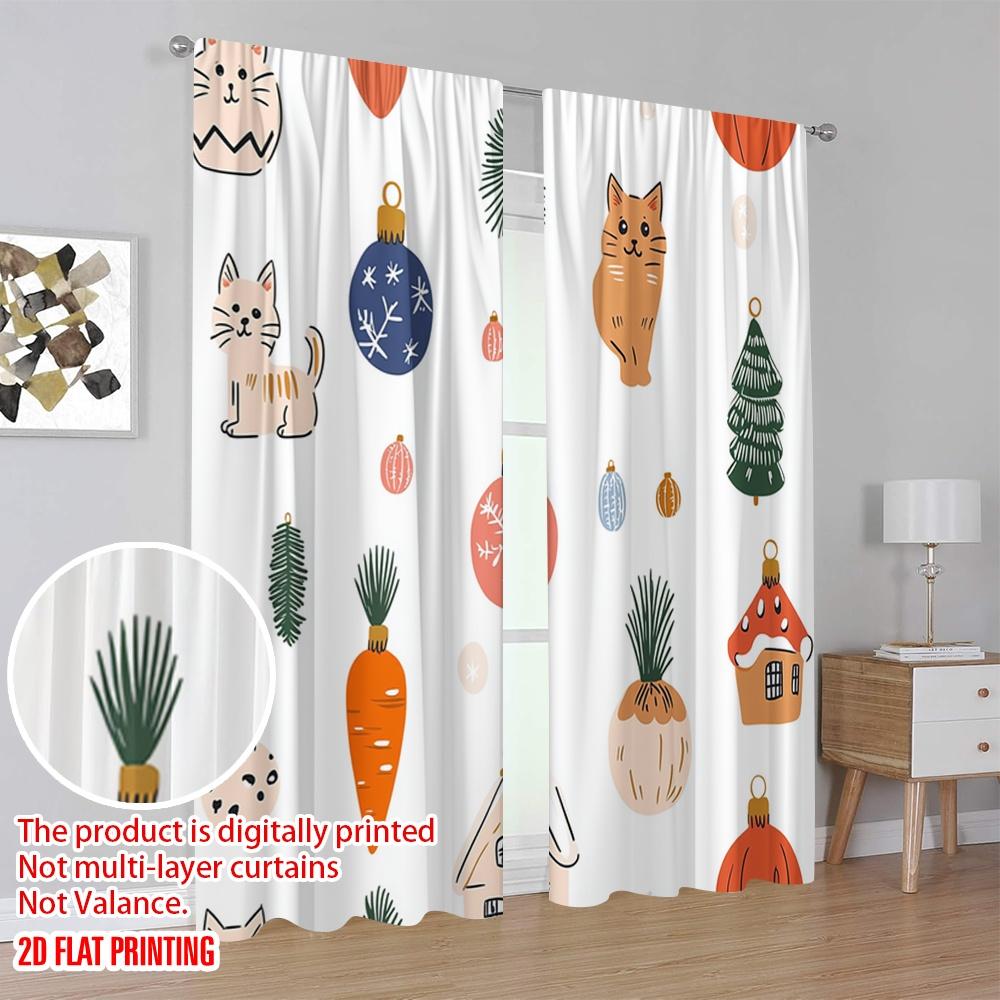 2pcs,2D plane printing Curtain Popular Christmas Tree Ornaments Collection Versatile Polyester (without rod) Festive for Kitchen