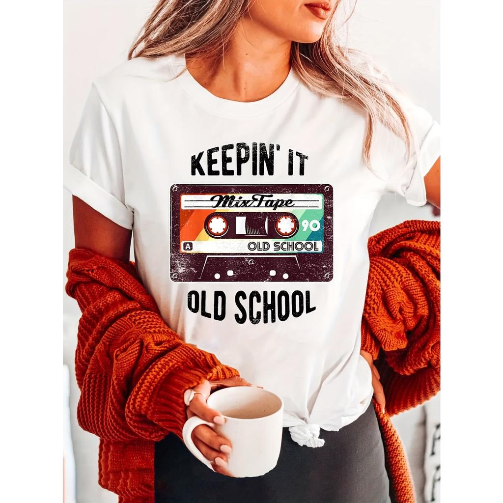 Old Cassette Fashion Letter Print T-shirt, Short Sleeve Crew Neck Casual Top for Summer & Spring