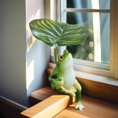 2Pcs/Set Garden Frog Figurine Mini Fishing Frog Statue Sitting Frog Holding Leaf Umbrella Pond Angler Frog Sculpture for Yard Landscape Decoration
