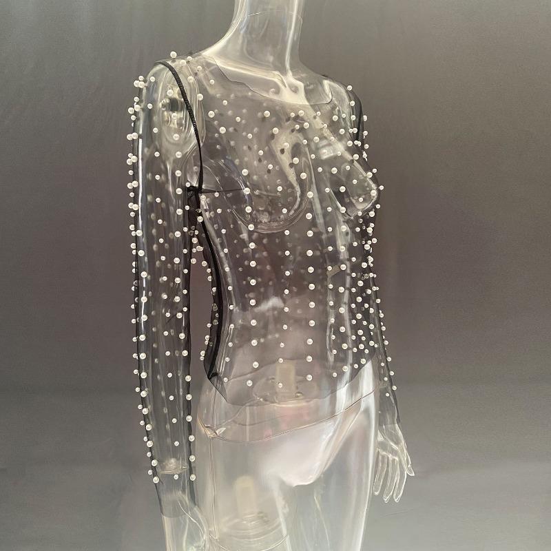 Spring and Summer Women's Bubble Beads See-through Mesh Long-sleeved Tops