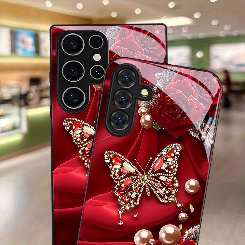 Exquisite Butterfly Pearl Rose Pattern TPU Glass Phone Case Suitable for Samsung S26 S25 S24 S23 S22 S21 S20 and Other Models.