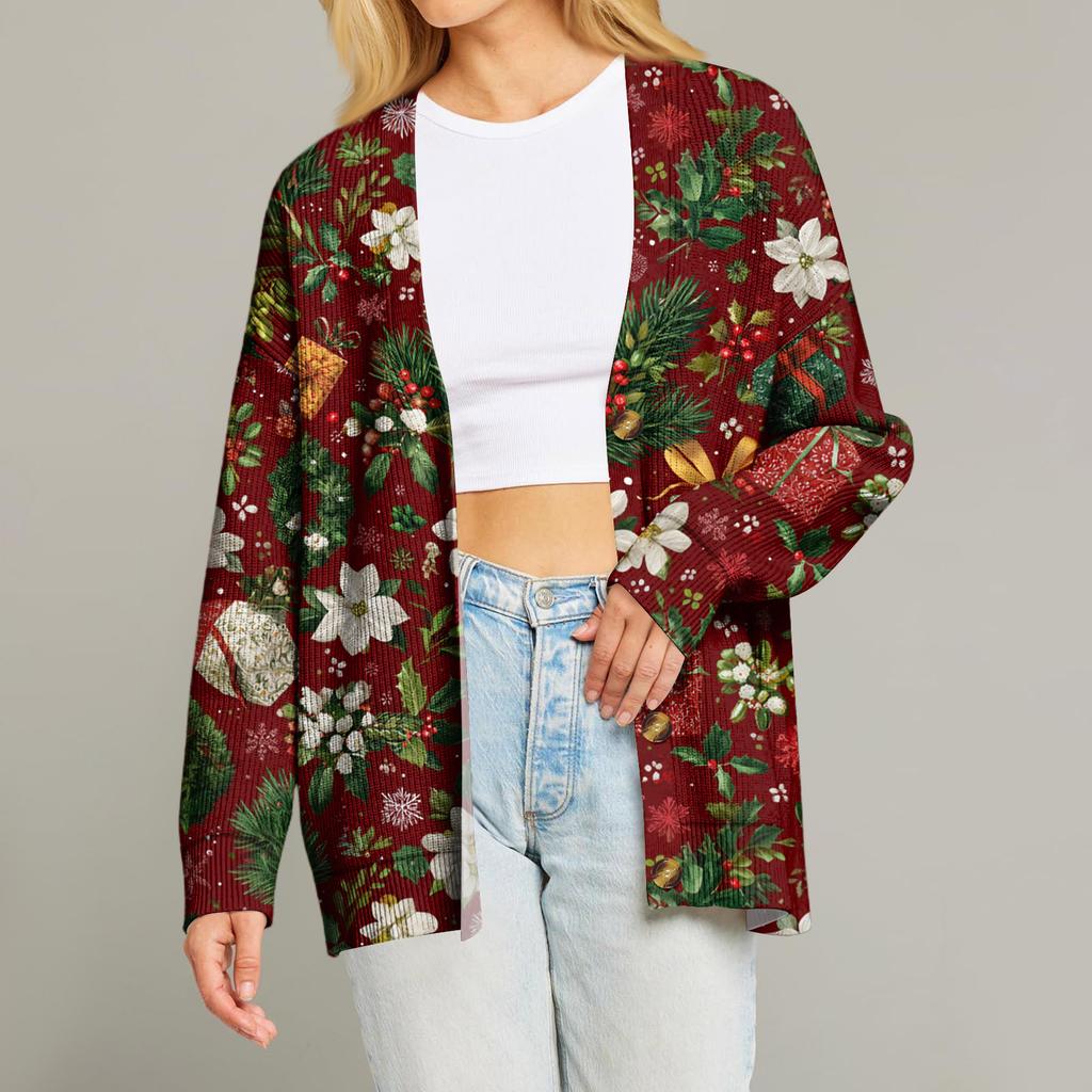 Women's Fashion Long Sleeve Print V-Neck Button Loose Cardigan Top