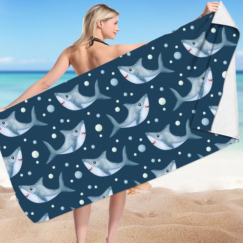 Cartoon Shark Series digital-printed polyester Superfine fiber double-sided fleece Beach vacation bath towel, beach towel