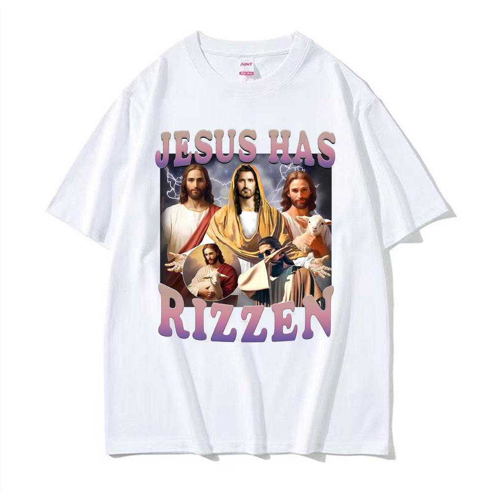 Jesus Has Rizzen Funny T Shirt Men Women Clothing Vintage Trending Oversized Tee Shirt High Quality Cotton Short Sleeve Tshirts