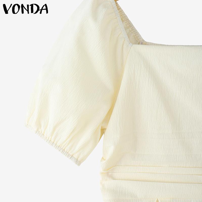 VONDA Women Square Collar Puff Sleeve Ruffled Casual Rumple Blouse