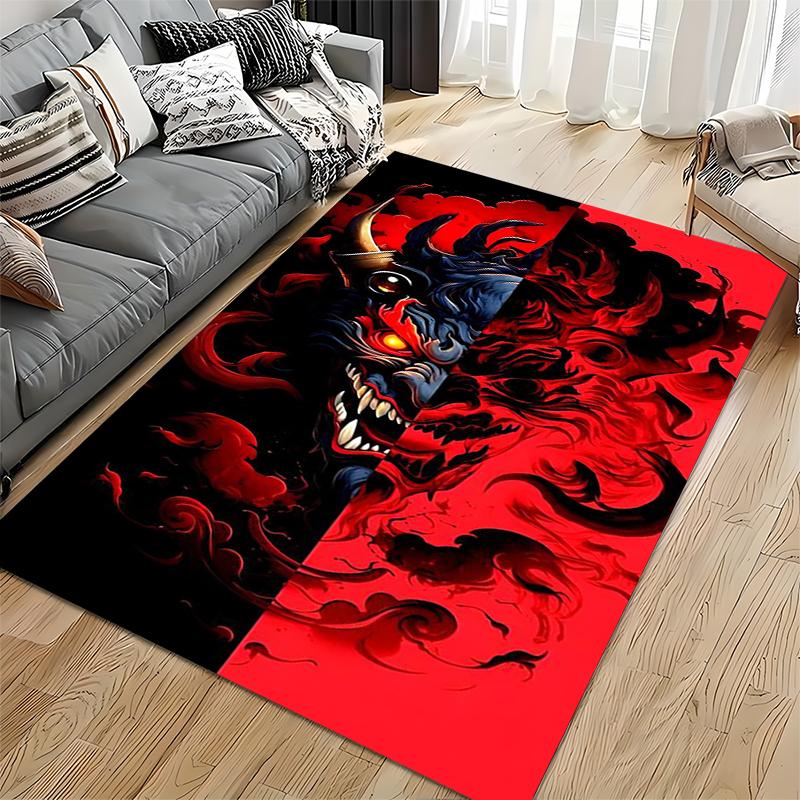 Demon Face Pattern Rug with Red and Black Fiery Smoke Design, Modern Decor Suitable for use as an anti-slip for living room bedroom sofas