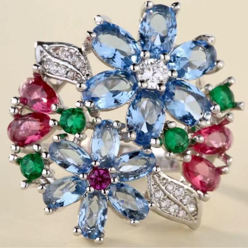 Flower Collection ! Exquisite Colorful Cubic Zircon Flower Engagement Ring For Women Party Jewelry Hand Accessories Size 6-10