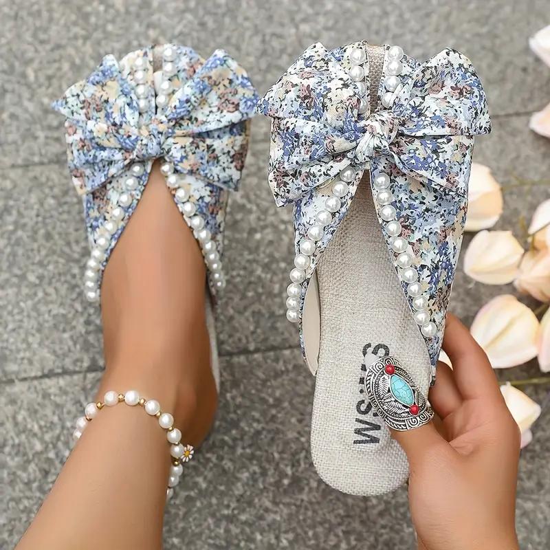 

Летние женские шлепанцы с закрытым носком 2025 года, модные уличные повседневные шлепанцы на плоской подошве большого размера с бантиком-бабочкой и бусинами на ремешке 40 синий