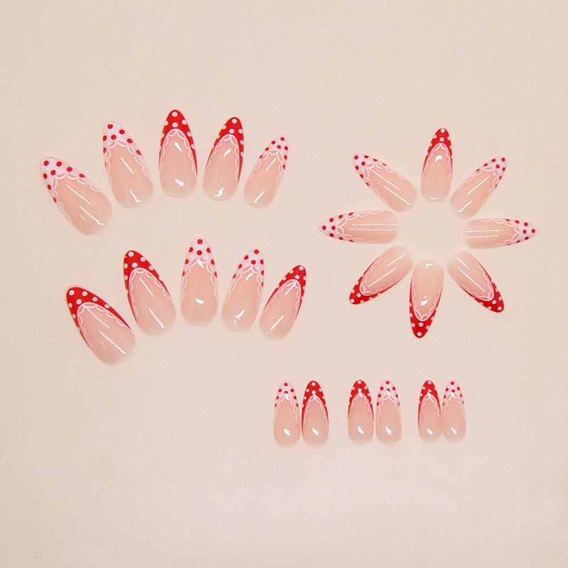 Red Polka Dot French Press On Nails Short Almond Fake Nails Reusable Nail Tips Patch For Women Diy Manicure Accessories 1PCS