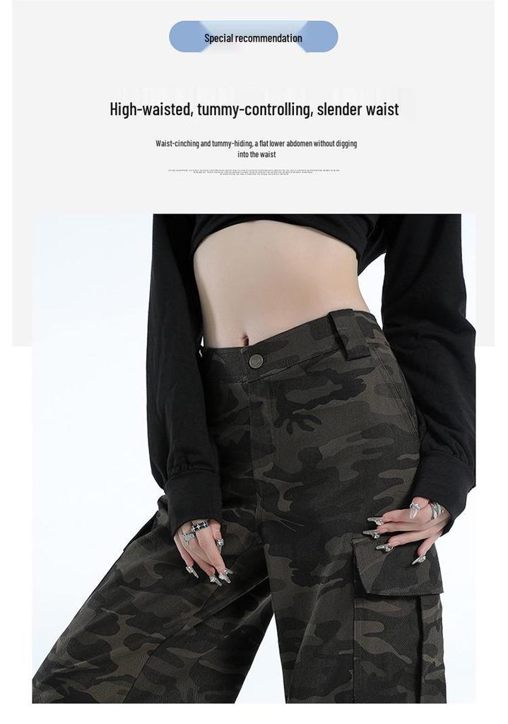 Women's American Retro Camo Work Pants: Spring High Street, Hip Hop Style, Loose Micro Flare, Floor-Length, Drape Casual Trendy.