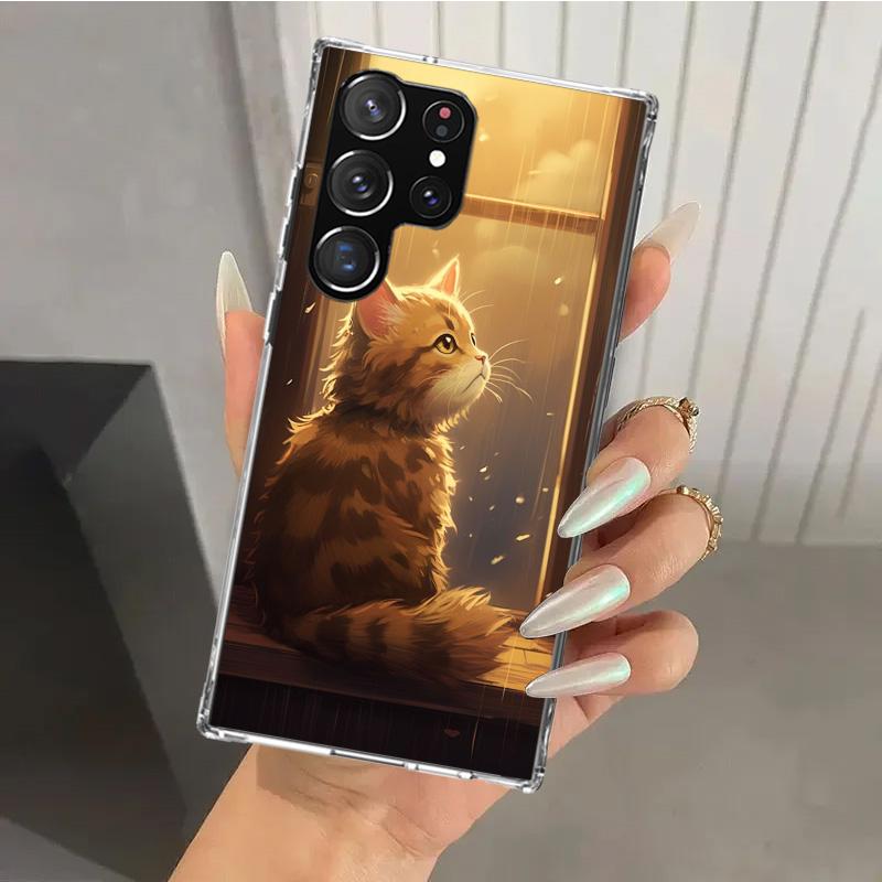 Anime Cat Rain Animal Phone Case for Samsung Galaxy S26 S24 S23 Ultra S25 Edge S22 S21 Plus S20 FE + Soft Print Shell Funda Gala