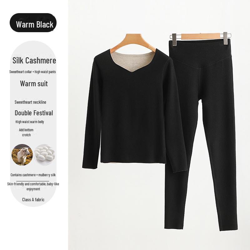 Peach Heart Collar Cashmere Silk Thermal Underwear Set – Women's High Waist Autumn/Winter Clothes and Pants