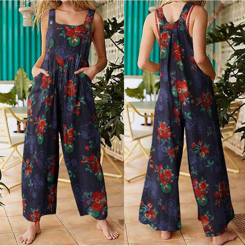 Summer Women Casual Loose Flower Print Jumpsuits Women's Overalls Boho Sleeveless Square Collar Jumpsuits