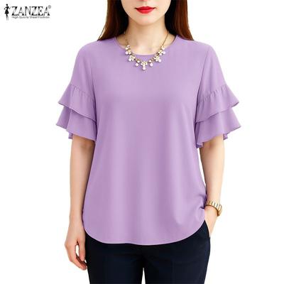 Women Casual Round Neck Ruffles Short Sleeve Loose Solid Blouse