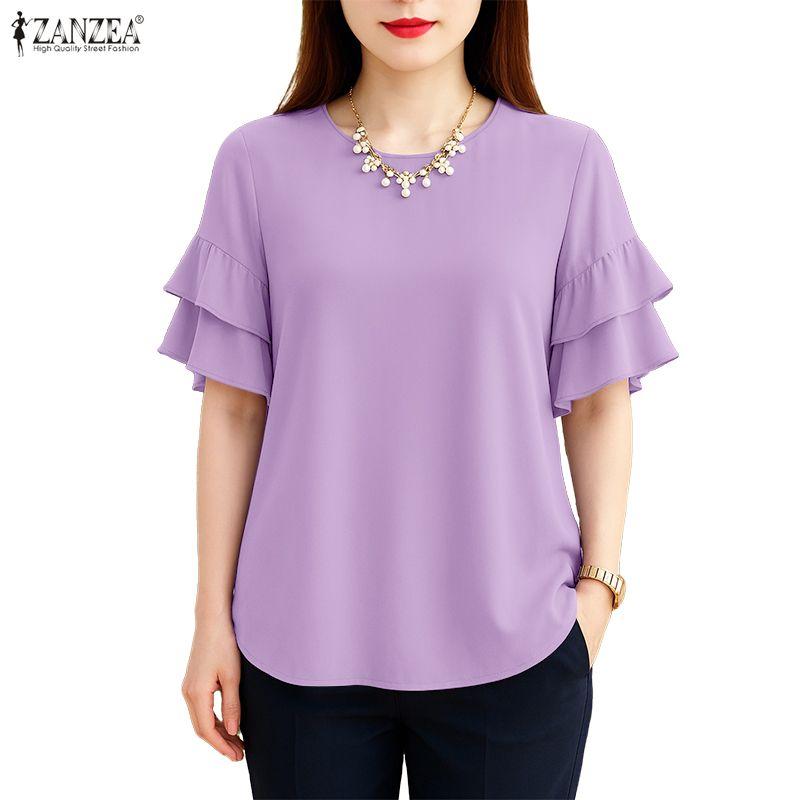 ZANZEA Women Casual Round Neck Ruffles Short Sleeve Loose Solid Blouse