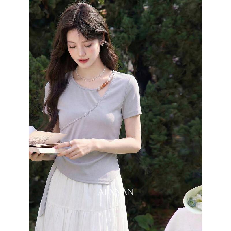 Lu Xiangnan Grayish Purple Irregular Hem Short Sleeve T-shirt M