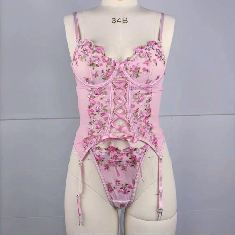 Womens Sheer Lace Floral Bodysuit Set With Adjustable Straps Thong Slim Fit Curvy Figures Pink S M L
