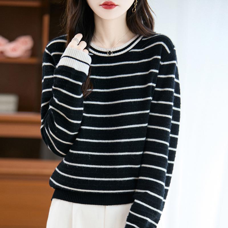 Women's Autumn 2025 Striped Cashmere Knit Sweater - Round Neck & Long Sleeve, Loose Fit