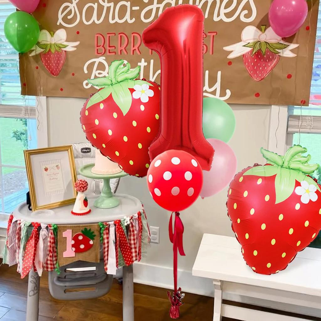 13pcs strawberry balloon aluminum foil balloon set with polka dot latex balloons for birthday party and anniversary decoration