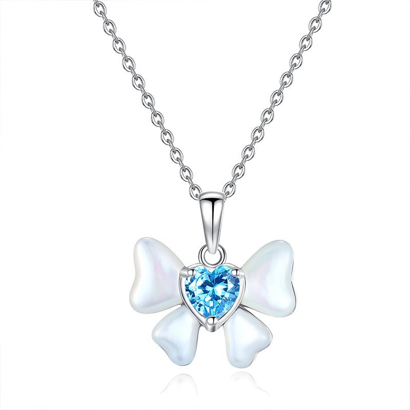 Bowknot Heart Crystal Necklace 925 Sterling Silver Dainty Pendant Trendy Jewelry Gift for Women Daily Wear Elegant Charm Necklace for Girlfriend