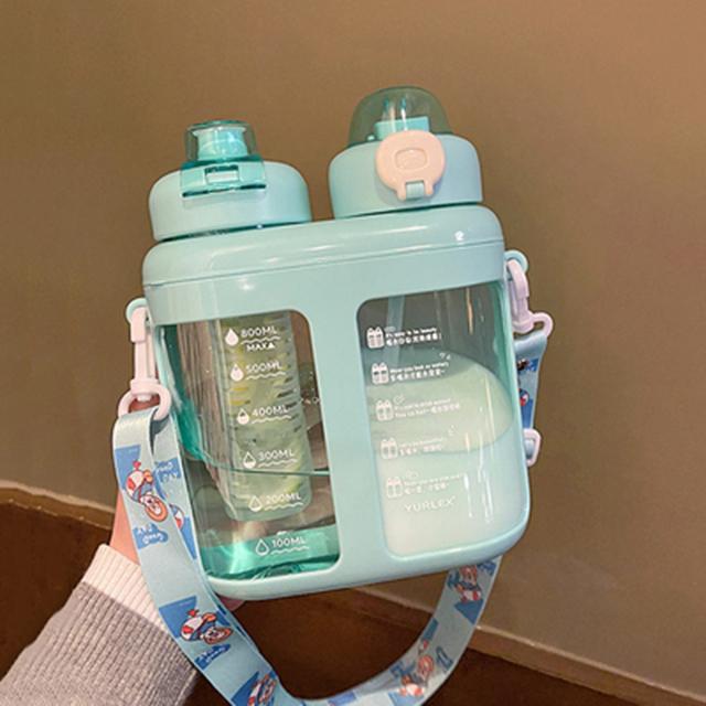 

Милые пластиковые бутылки для воды с двойным напитком, с соломинкой, фильтром для чая, портативным ремешком, большой емкости, стакан для сока, термостойкие, не содержат БФА 1.6L зелёный