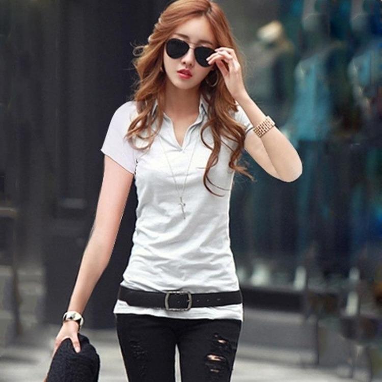 Women's Short Sleeve T-Shirt 95 Cotton Slim Fit Lapel Top Fashionable Elastic Bottoming Shirt