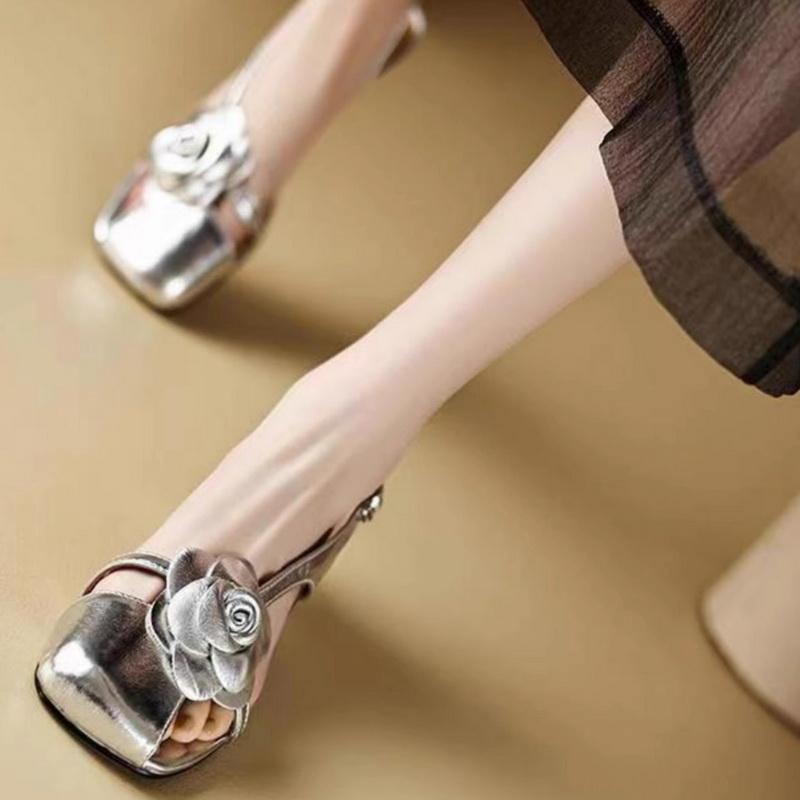 Retro Half Cover Toe Women Sandal Design Summer Cow Leather Square Head Flower Buckle Strap Slingback Mid Heels Party Shoe
