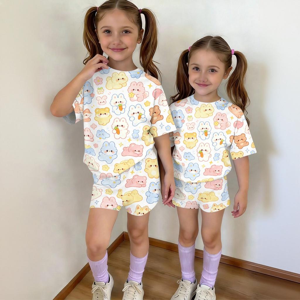 Kids Casual Short Sleeve Shirt and Shorts Set Animal Print Two Piece Outfit Lightweight Comfortable Summer Wear for Boys and Girls