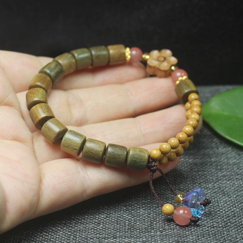 Fragrant Green Sandalwood Barrel Beads Bracelet Golden Wood Chinese Style Women Wooden Jewelry