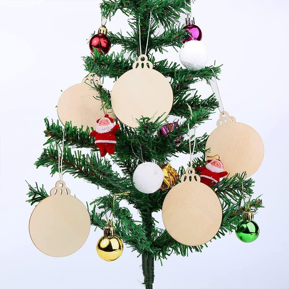 20Pcs Christmas Wooden Baubles Round Wood Slices Wood Disc Hanging Ornaments Baubles for DIY Crafts Christmas Tree Decoration