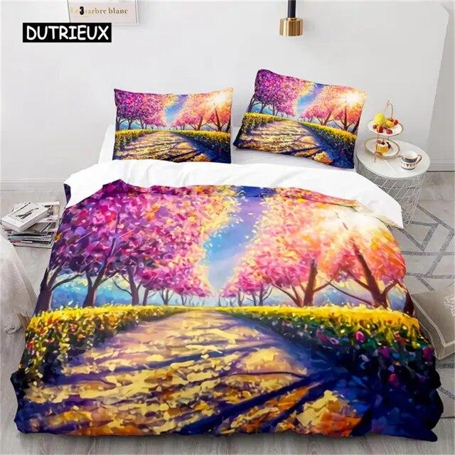 Oil Painting Duvet Cover  Art  Microfiber Landscape Romantic Comforter Cover Bedding for Kids Teen Adults Bedrooms  Decorated Three Piece Set