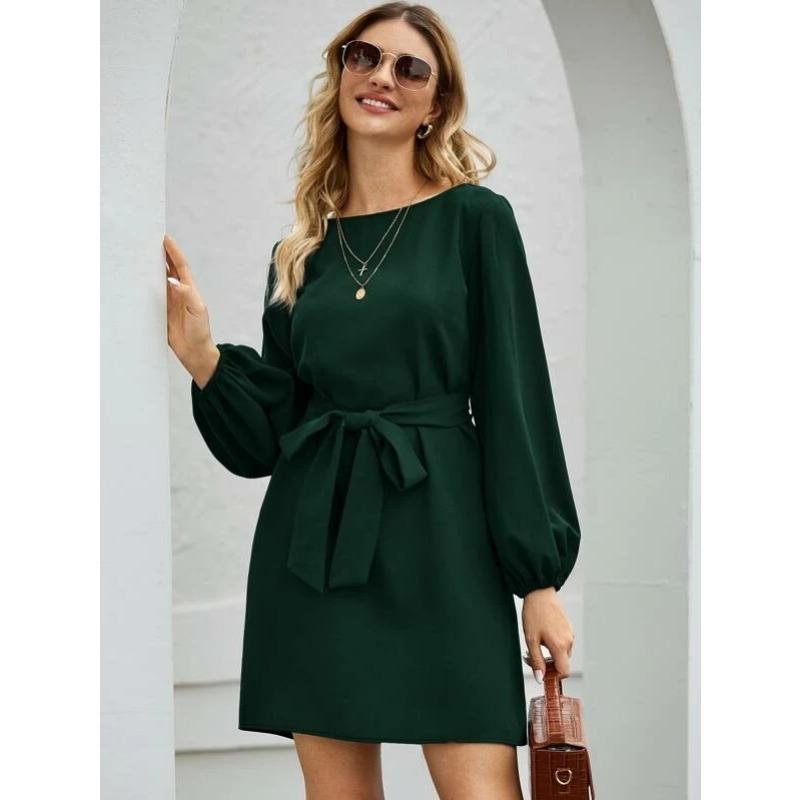 Spring and Autumn Women's Mid-length Long Pure Colour Temperament Commuting Thin Set Head High Waist Dress