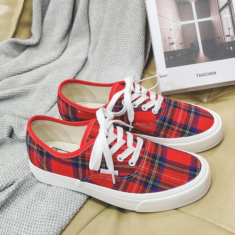 New spring niche plaid low-top canvas shoes student street skateboard shoes ins casual shoes 36