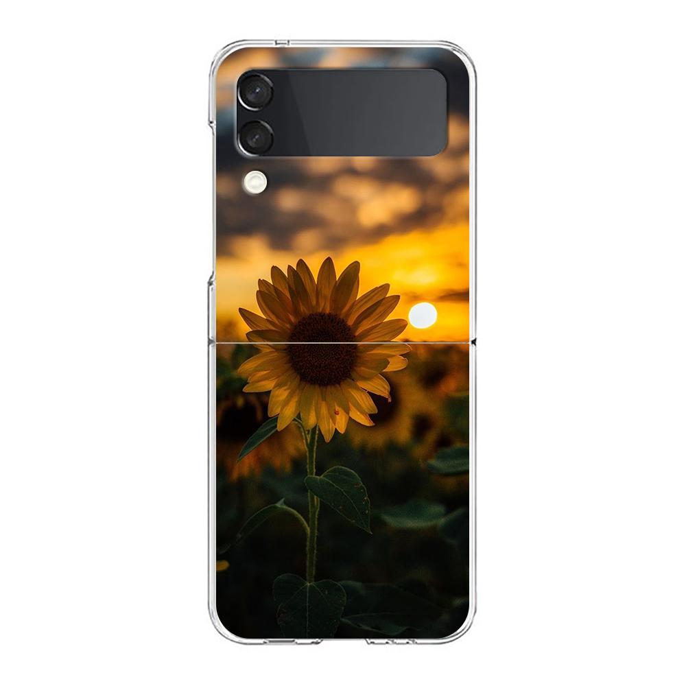 Phone Case For Samsung Galaxy Z Flip 3 4 5 Hard Folding Clear PC For Samsung Z Flip 6 Back Cover Beautiful Yellow Sunflower