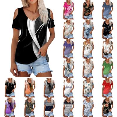 Top tricou cu mânecă scurtă, cu decolteu în V, imprimat casual, la modă de vară pentru femei