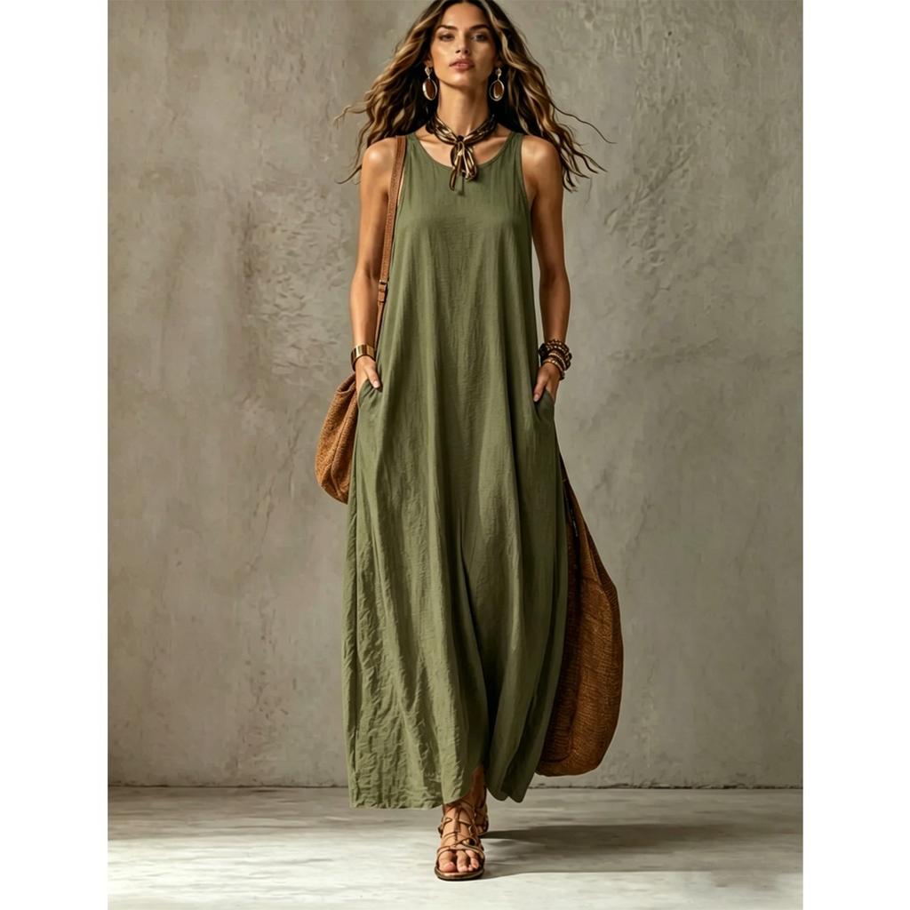 Women's Sleeveless Halter Neck Maxi Dress Loose Fit Solid Casual Long Dress