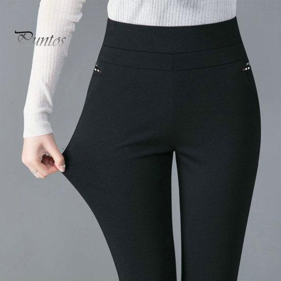 Mother Spring Pants High Waist Casual Stretch Pockets Solid Color Match Top Slim Fit Plus Size Pencil Women Clothing