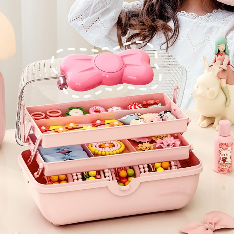 

Bowknot Design Hair Accessories PP Storage Box Desktop Cute Children Hairpin Jewelry Dustproof Case Pink