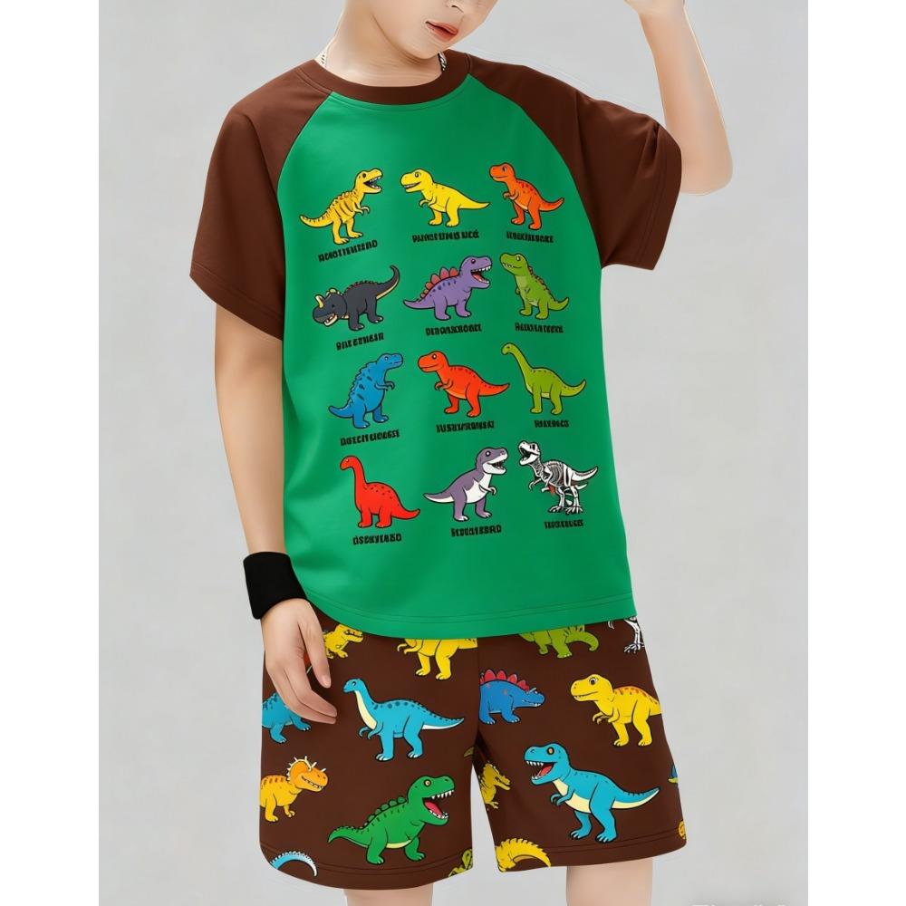 Set Maglia a Maniche Corte Stampata 3D con Dinosauro e Macchina e Pantaloncini Sportivi, Set Maglia Sportiva Casual Estiva